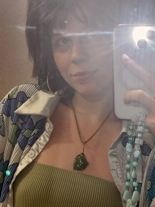 Green/Gold Braided Stone//Necklace
